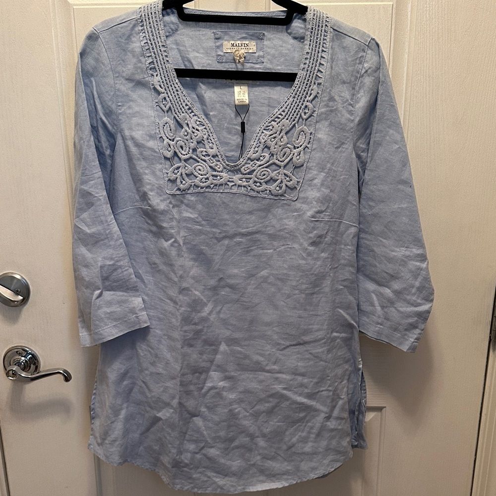 MALVIN Light Blue V-Neck Linen Long line Tunic with Embroidery New Size L